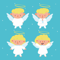 Cute Christmas angels with wings and halo vector cartoon characters set isolated on background.