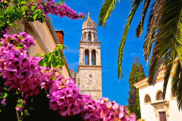 Vela Luka: Town of Vela Luka on Korcula island church tower and flowers view,