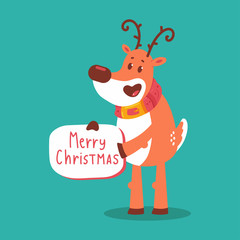 Cute reindeer with Merry Christmas sign vector cartoon character isolated on background.