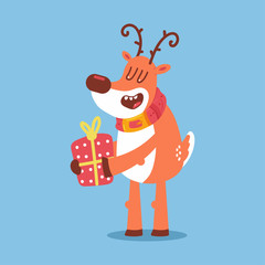 Cute Christmas reindeer with gift box vector cartoon character isolated on background.