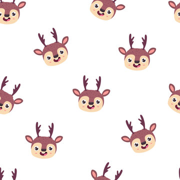Cute deer head vector cartoon seamless pattern on white background.