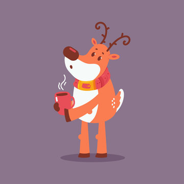 Cute Christmas reindeer with coffee cup vector cartoon character isolated on background.