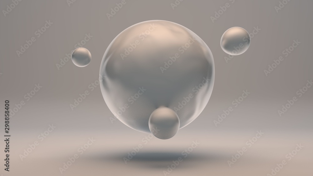 Poster 3d rendering of a large pearl. a liquid sphere merges with small ones on a white background. image f