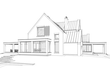 3d rendering of modern cozy clinker house on the ponds with garage and pool for sale or rent. Black line sketch with soft light shadows on white background