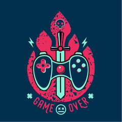 Video games vector illustration with gamepad and sword. Game over slogan. Vintage print for t-short. Cyber sport team emblem. © ne2pi