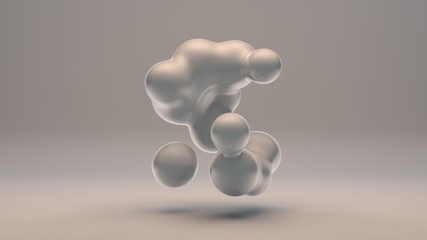 3D rendering of luminous droplets on a black background. Drops of white liquid in space and weightlessness merge with each other. Abstract, futuristic design isolated on black, reflective background.