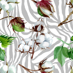 White cotton floral botanical flower. Watercolor illustration set. Seamless background pattern.