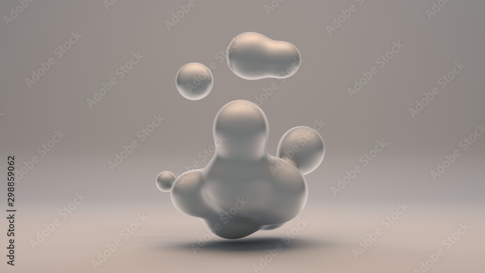 Poster 3d rendering of pearl drops on a white background. drops of white liquid in space and weightlessness