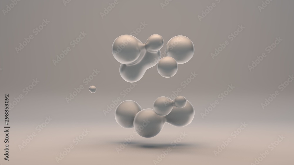 Poster 3d rendering of pearl drops on a white background. drops of white liquid in space and weightlessness