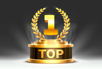 Top 1 best podium award sign, golden object.
