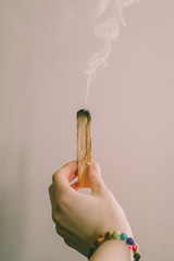 Bursera graveolens Palo Santo, holy stick,the sacred tree is burning, it is held in hand with magical pebbles