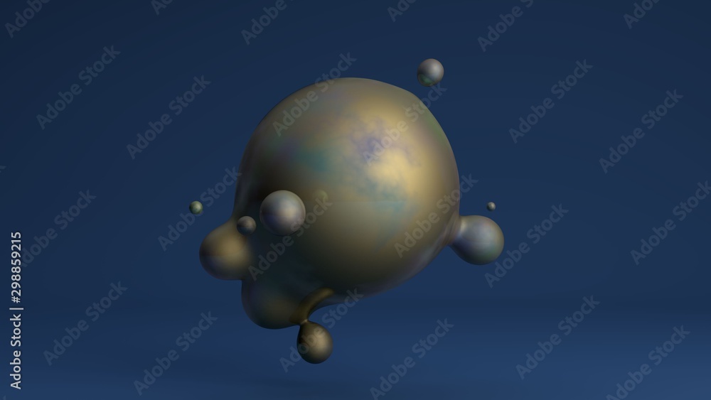 Poster 3d rendering of liquid gold. the big sphere merges with the small. the composition of futuristic des