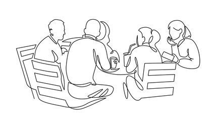 Fototapeta Business team meeting continuous line drawing. Friends in cafe contour vector illustration. obraz