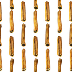cinnamon seamless pattern, watercolor hand draw. Isolated illustration of a kitchen spice, spice for cooking. Aromatherapy, warming autumn seasoning. Use for design, wallpaper, poster, print, recipe.