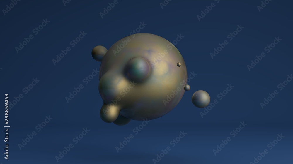 Poster 3d rendering of liquid gold. the big sphere merges with the small. the composition of futuristic des