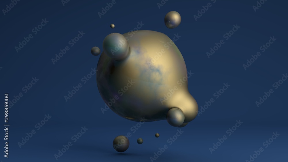 Poster 3d rendering of liquid gold. the big sphere merges with the small. the composition of futuristic des