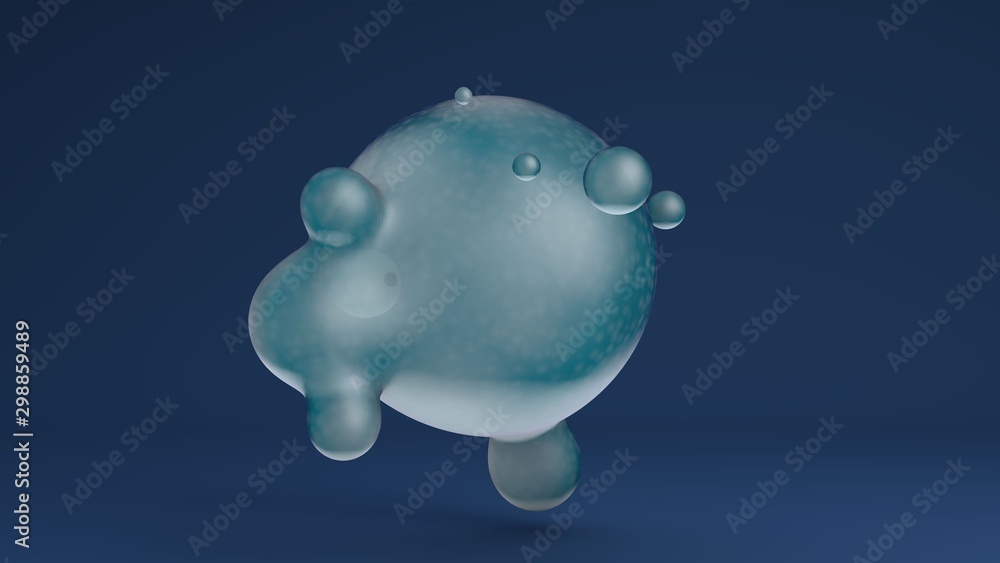 Poster 3d rendering of liquid, water. the big sphere merges with the small. the composition of futuristic d