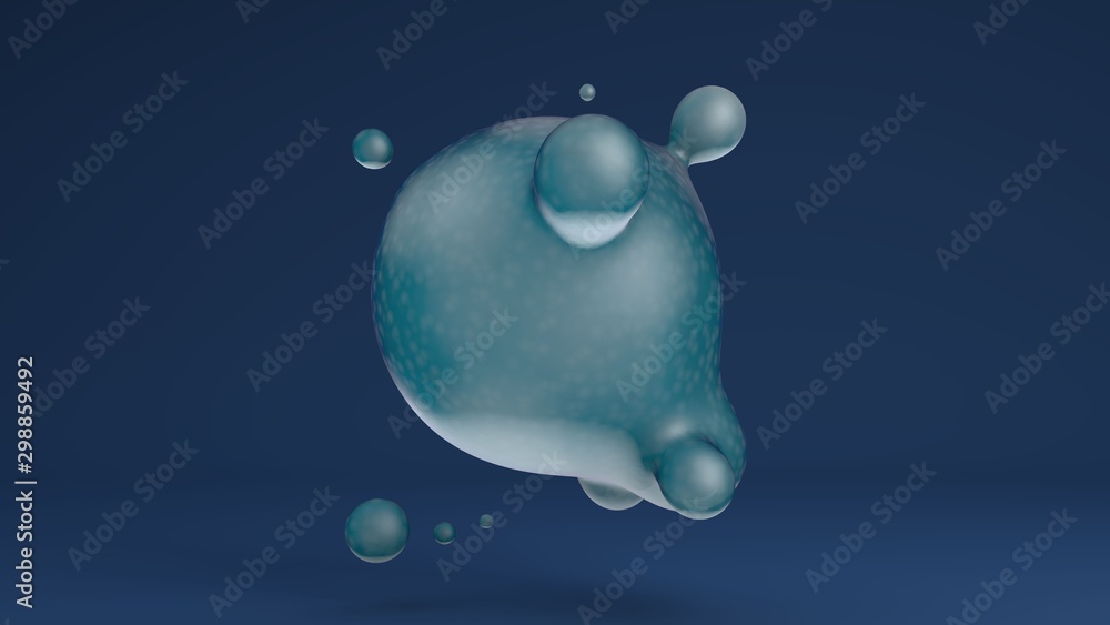 Poster 3d rendering of liquid, water. the big sphere merges with the small. the composition of futuristic d