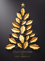 Abstract christmas tree made of golden leaves - greeting card background 
