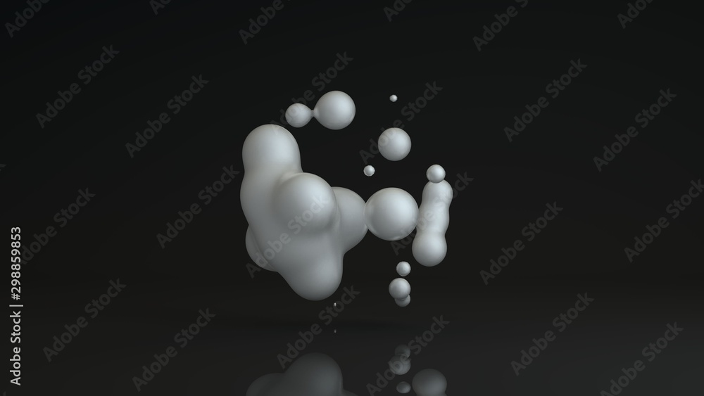 Poster 3d rendering of luminous droplets on a black background. drops of white liquid in space and weightle