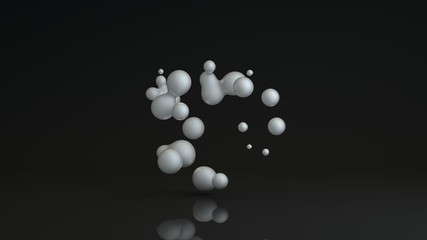 3D rendering of luminous droplets on a black background. Drops of white liquid in space and weightlessness merge with each other. Abstract, futuristic design isolated on black, reflective background.