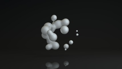 3D rendering of luminous droplets on a black background. Drops of white liquid in space and weightlessness merge with each other. Abstract, futuristic design isolated on black, reflective background.