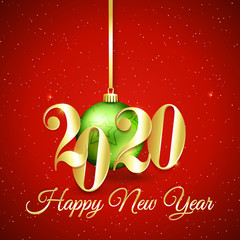 Golden 2020 Happy New Year Background with christmas bauble