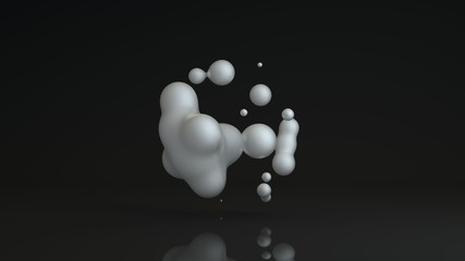 3D rendering of luminous droplets on a black background. Drops of white liquid in space and weightlessness merge with each other. Abstract, futuristic design isolated on black, reflective background.