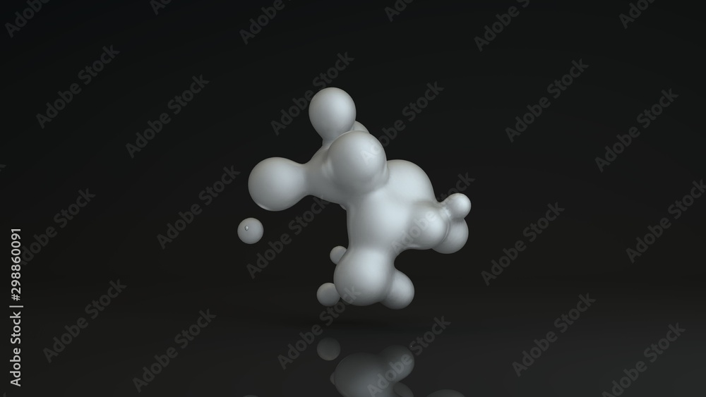 Poster 3d rendering of luminous droplets on a black background. drops of white liquid in space and weightle