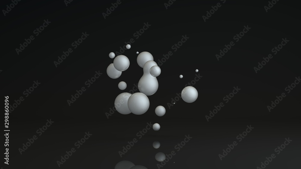 Poster 3d rendering of luminous droplets on a black background. drops of white liquid in space and weightle