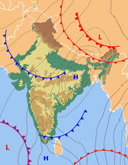 Realistic weather map of the India showing isobars and weather fronts. Meteorological forecast. Topography and physical map of India. Vector illustration. EPS 10 - obrazy, fototapety, plakaty