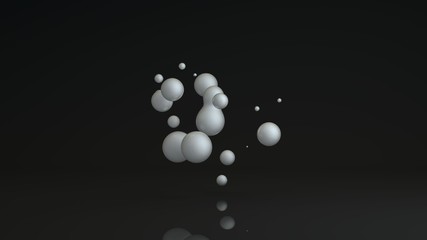 3D rendering of luminous droplets on a black background. Drops of white liquid in space and weightlessness merge with each other. Abstract, futuristic design isolated on black, reflective background.