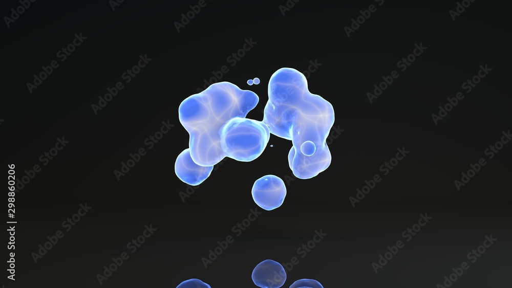 Aufkleber 3d rendering of luminous droplets on a black background. drops of blue liquid in space and weightles