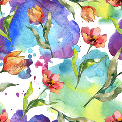 Red tulip floral botanical flower. Watercolor background illustration set. Seamless background pattern.