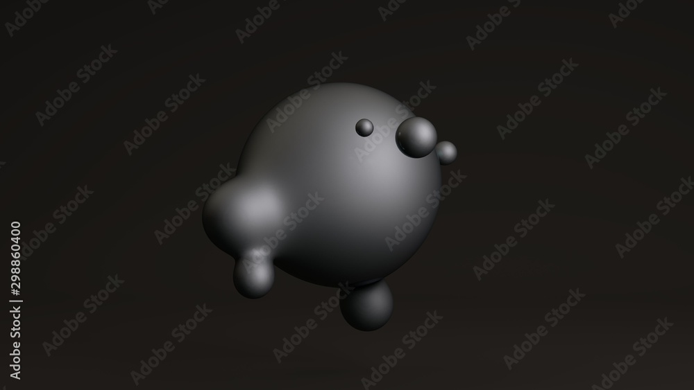 Poster 3d rendering of liquid silver, chrome and mercury. the big sphere merges with the small. the composi
