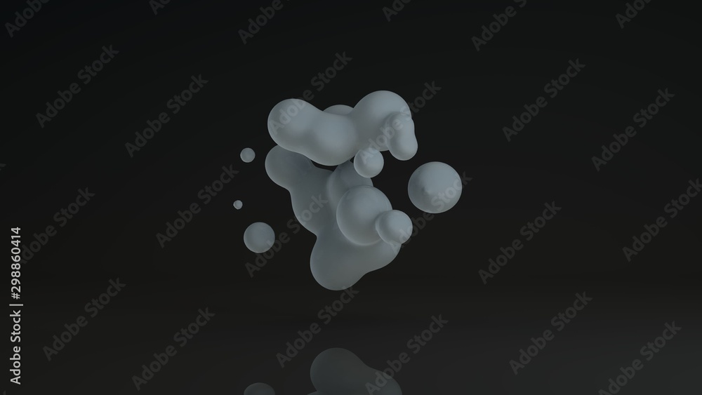 Poster 3d rendering of luminous droplets on a black background. drops of white liquid in space and weightle