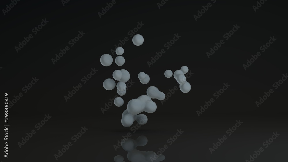 Poster 3d rendering of luminous droplets on a black background. drops of white liquid in space and weightle