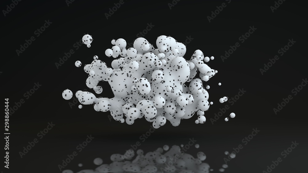 Poster 3d image of a set of white drops covered with black specks of debris. the drops merge together. 3d r
