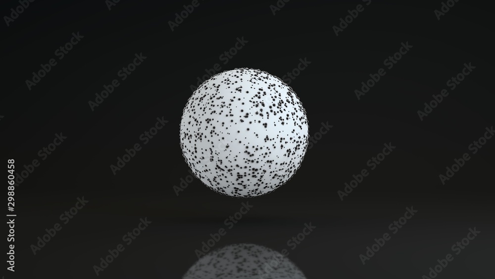 Poster 3d image of a large white sphere on a black reflective background. the white surface of the sphere i