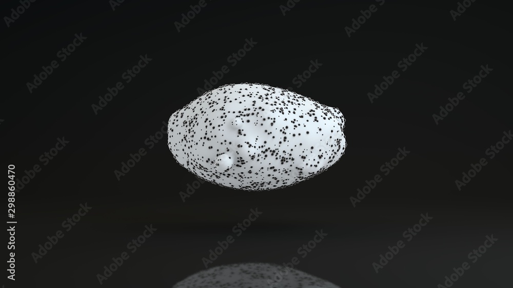 Poster 3d image of a set of white drops covered with black specks of debris. the drops merge together. 3d r