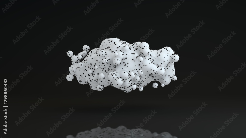 Poster 3d image of a set of white drops covered with black specks of debris. the drops merge together. 3d r