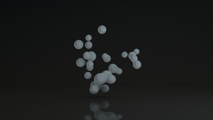 3D rendering of luminous droplets on a black background. Drops of white liquid in space and weightlessness merge with each other. Abstract, futuristic design isolated on black, reflective background.