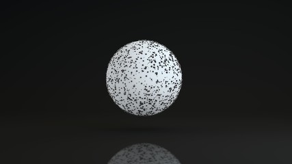3D image of a large white sphere on a black reflective background. The white surface of the sphere is covered with many small black dots. 3D rendering for abstract design compositions.ì