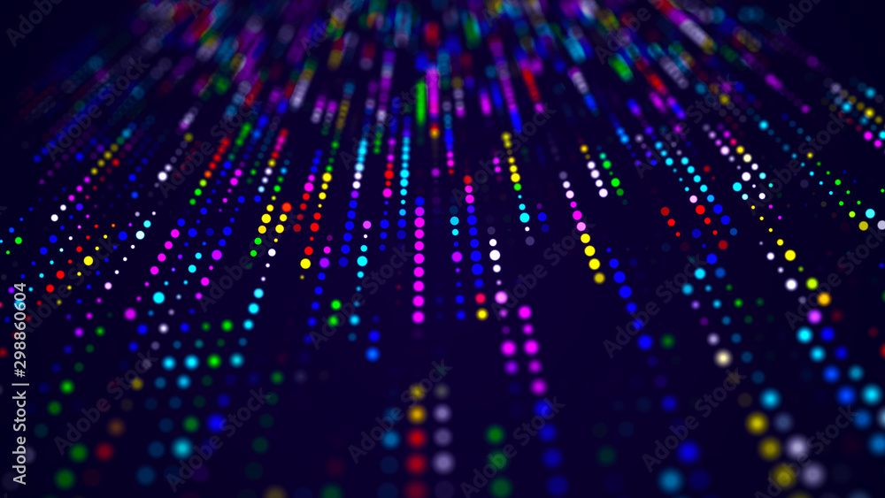 Poster Wave of musical sounds. Abstract background with interweaving of dots and lines. 3D rendering.