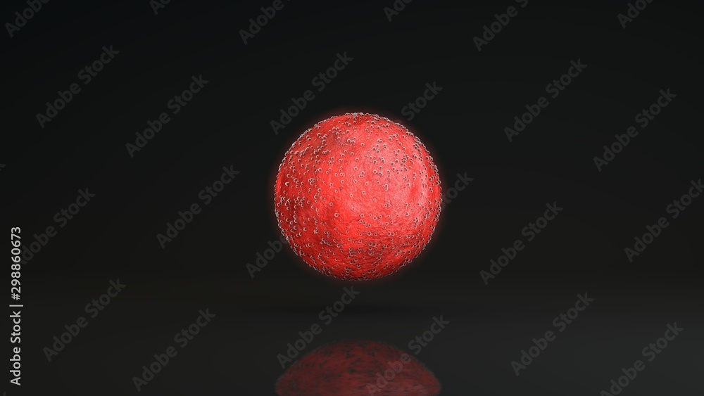 Poster 3d image of a large red sphere on a black reflective background. the red surface of the sphere is co