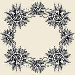 Vintage border with tattoo style abstract roses.
