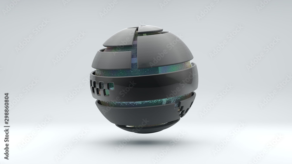 Poster 3d rendering of a large metal sphere consisting of many segments. inside the sphere is a large trans