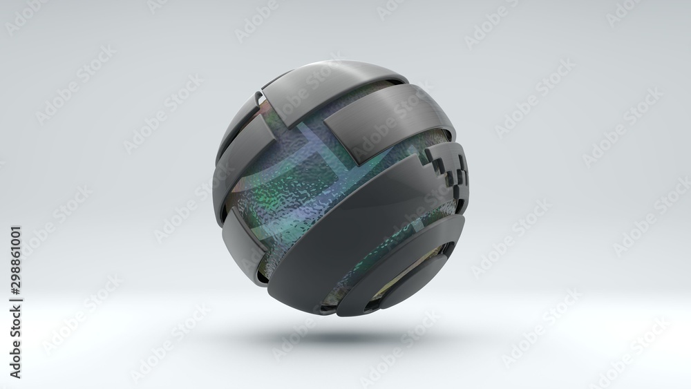 Poster 3d rendering of a large metal sphere consisting of many segments. inside the sphere is a large trans
