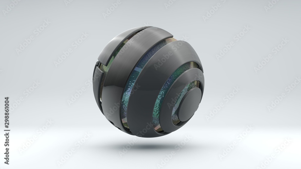 Poster 3d rendering of a large metal sphere consisting of many segments. inside the sphere is a large trans