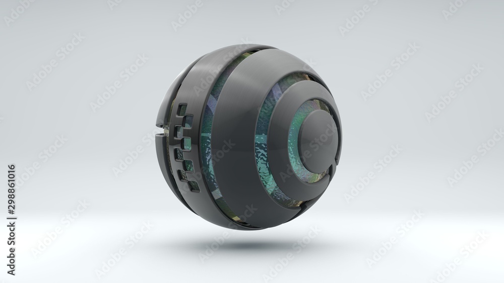 Poster 3d rendering of a large metal sphere consisting of many segments. inside the sphere is a large trans